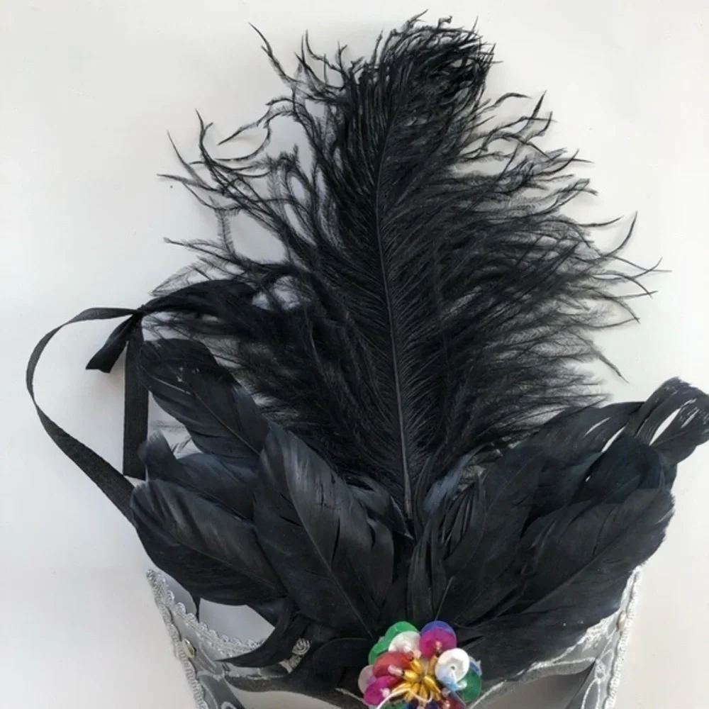Masquerade Mask Black & Silver with Feathers